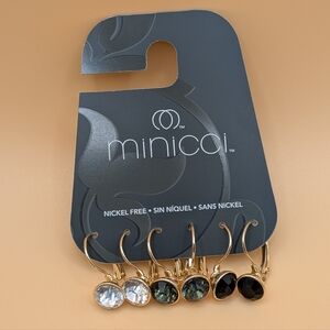Minicci 3 Pairs of Gold-tone Leverback Earrings Black, Green & Clear Crystal NWT